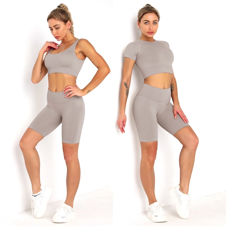 Black Casual Seamless Gym Workout Sets for Women Ribbed Sports Bra High Waisted Running Shorts, Custom Logo Yoga Wear Sets Cycling Fitness Apparel Suppliers